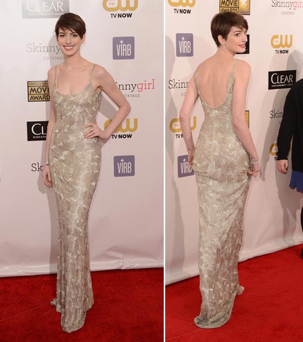 Anne Hathaway’s De La Renta Silver Sequined Dress, Critics Choice Awards 2013