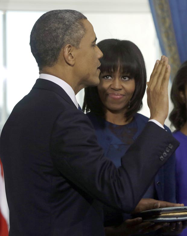 First Lady Michelle Obama In Blue Reed Krakoff Dress For Swearing In