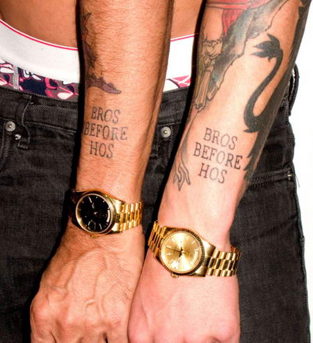  Bros Before Hos on the forearm (a tattoo carried by Marc, Scott Campbell 