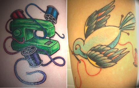 Sewing machine bird tatoo. purple ribbon tattoo