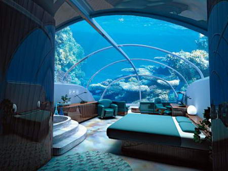 Una delle stanze sott'acqua del Poseidon Undersea Hotel