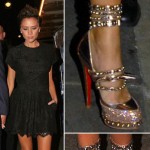 Victoria Beckham with gold Rodarte shoes by Christian Louboutin