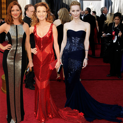 2012 Oscars Red Carpet sequined dresses Judy Grier Jane Seymour Leslie Mann