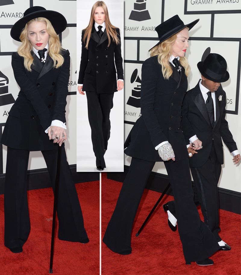 2014 Grammy Awards Madonna black tuxedo Ralph Lauren