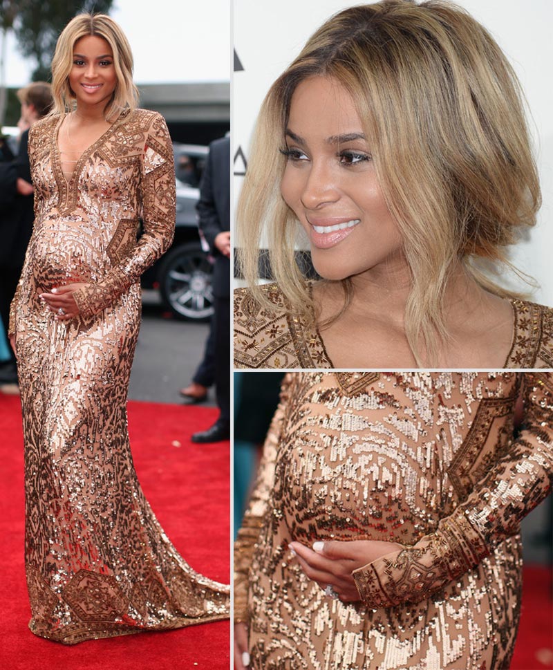 2014 Grammy Awards pregnant Ciara sequins Pucci dress white nails