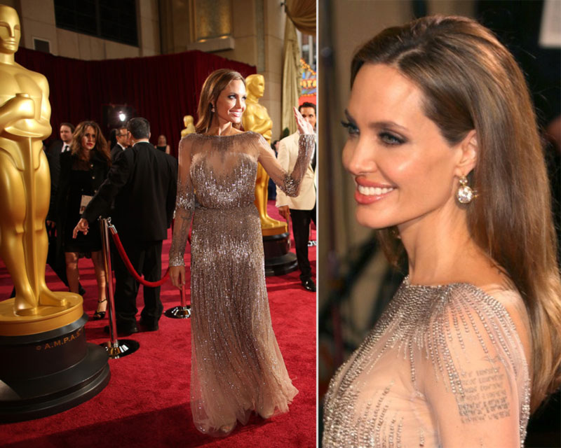 2014 Oscars Angelina Jolie dress hair makeup jewelry