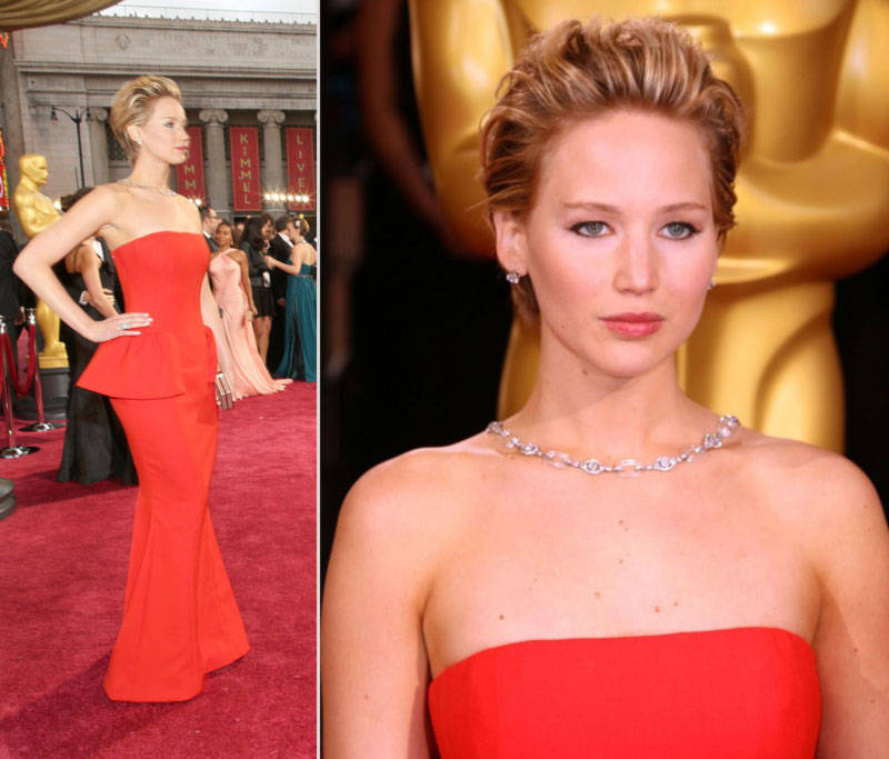 2014 Oscars Jennifer Lawrence hair makeup jewelry