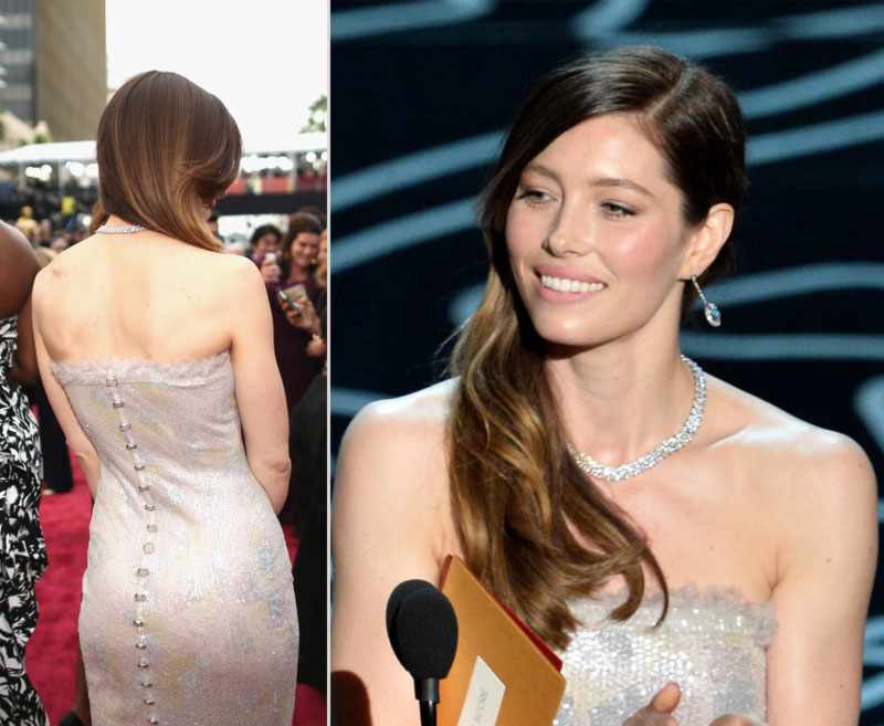 2014 Oscars Jessica Biel dress hair makeup jewelry