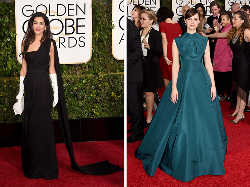 2015 Golden Globes Red Carpet Dior dresses Amal Clooney Felicity Jones