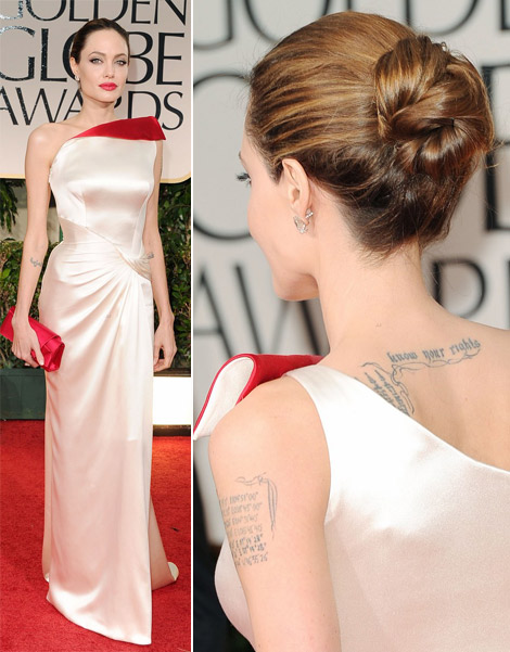 Angelina Jolie’s White And Red Versace Dress For 2012 Golden Globes Awards