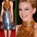 Carey Mulligan silver and golden Prada dress Met Gala 2012