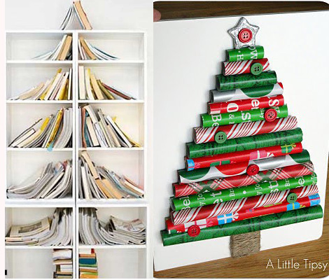 Christmas trees made of books and paper