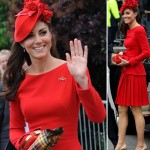 Duchess Catherine red McQueen dress and red hat for Jubilee
