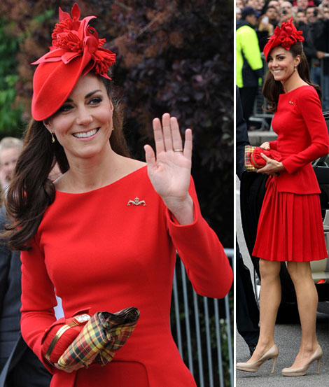 Duchess Catherine red McQueen dress and red hat for Jubilee