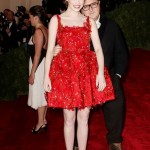 Emma Stone Lanvin red dress with Alber Elbaz Met Gala 2012