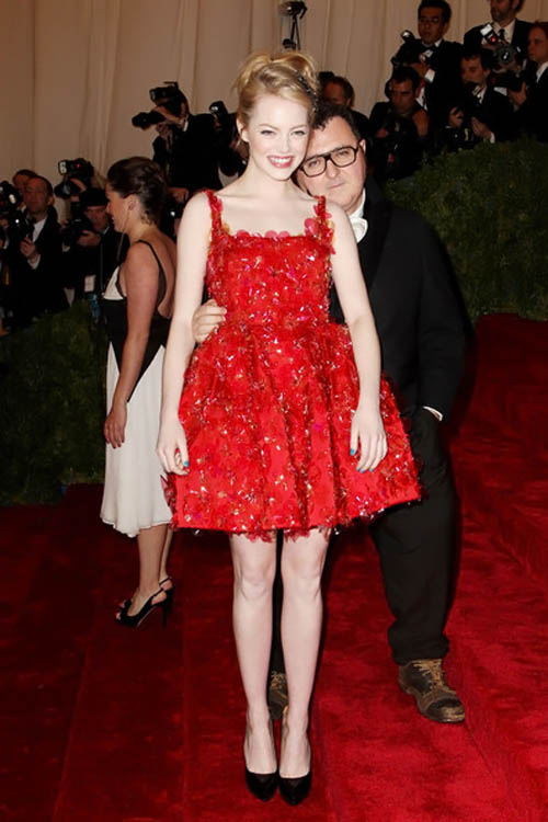 Emma Stone In Red Lanvin Dress For Met Gala 2012