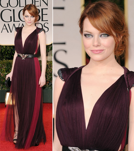 Emma Stone plum Lanvin dress 2012 Golden Globes