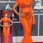 Fergie orange lace JP Gaultier dress 2012 Grammy Awards