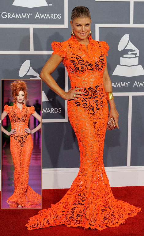 Fergie orange lace JP Gaultier dress 2012 Grammy Awards