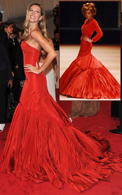 Gisele Bundchen In Red McQueen Dress For Met Gala 2011