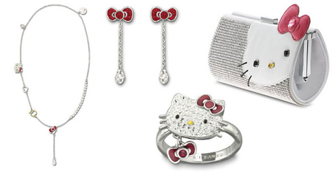 Hello Kitty Swarovski ring necklace earrings clutch