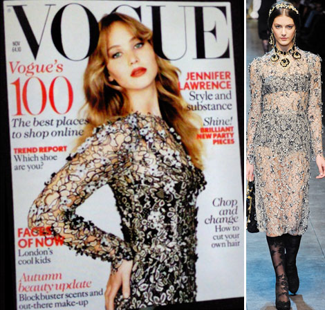 Jennifer Lawrence covers Vogue UK November 2012 lace Dolce Gabbana dress