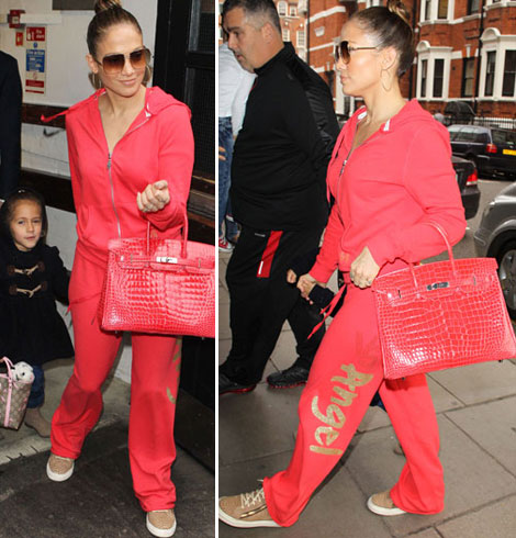 Jennifer Lopez pink tracksuit pink Hermes Birkin bag