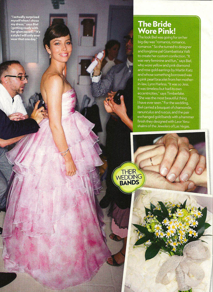 Jessica Biel pink wedding dress wedding bouquet wedding ring
