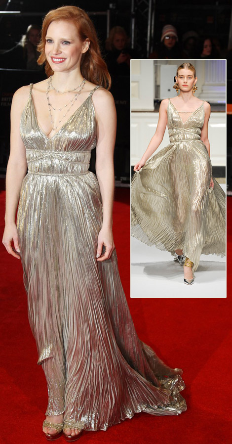Jessica Chastain’s Oscar De La Renta Silver Dress For 2012 BAFTA Awards