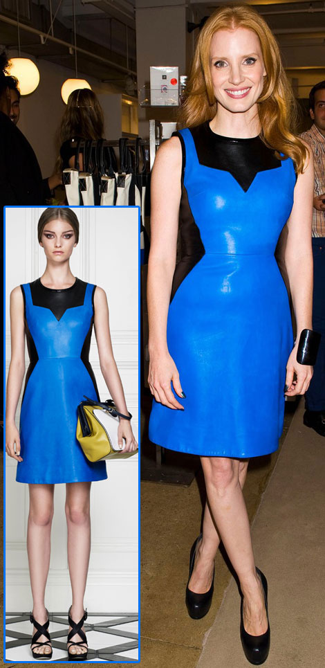 Jessica Chastain Pretty In Leather Jason Wu Black & Blue Dress