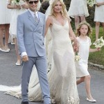 Kate Moss the bride wearing cream wedding dress John Galliano