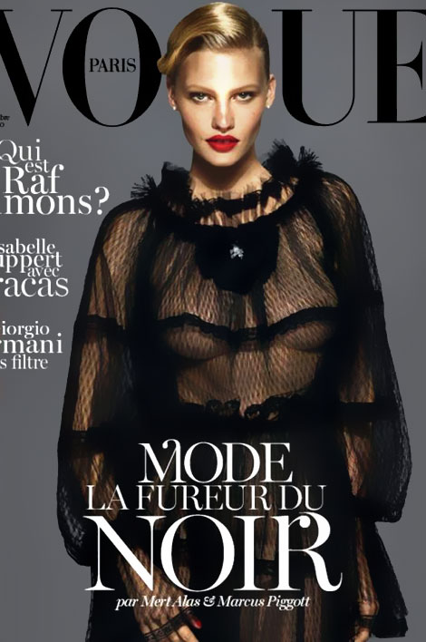 Lara Stone covers Vogue Paris September 2012 in black Dolce dress
