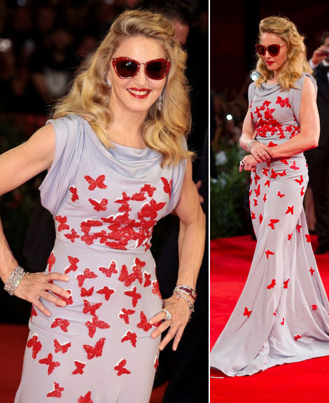 Madonna gray dress red butterflies premiere of her movie