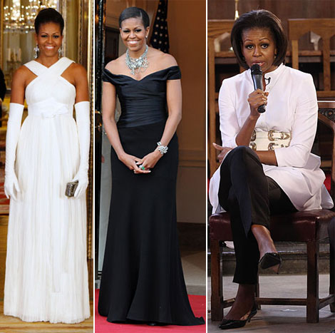 Michelle Obama white Tom Ford black Ralph Lauren dress white McQueen shirt