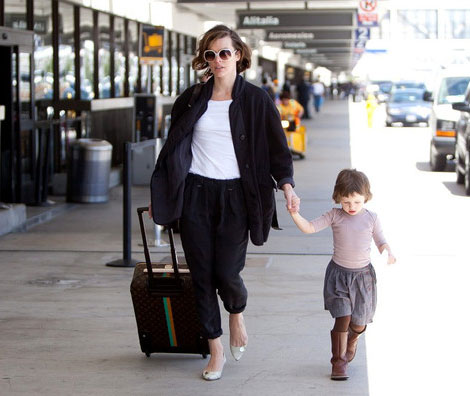 Milla Jovovich Travels With Her Louis Vuitton Suitcase