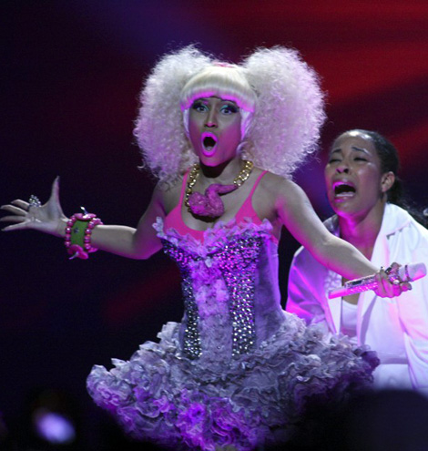Nicki Minaj performing with chicken wing necklace