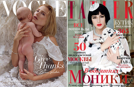 Babies And Dogs Take Fashion Magazine December Covers. Vogue Spain Vs. Tatler Russia