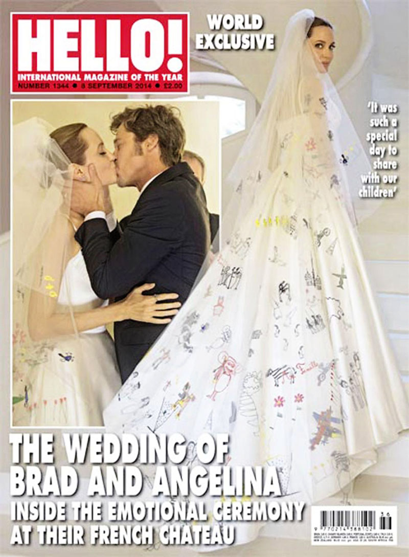 Angelina Jolie Brad Pitt wedding dress drawings kiss