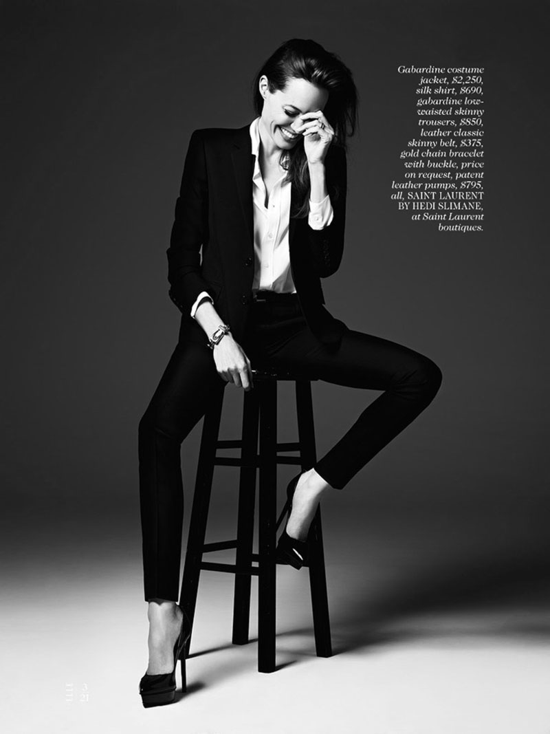 Angelina Jolie Elle Magazine suit Saint Laurent by Hedi Slimane