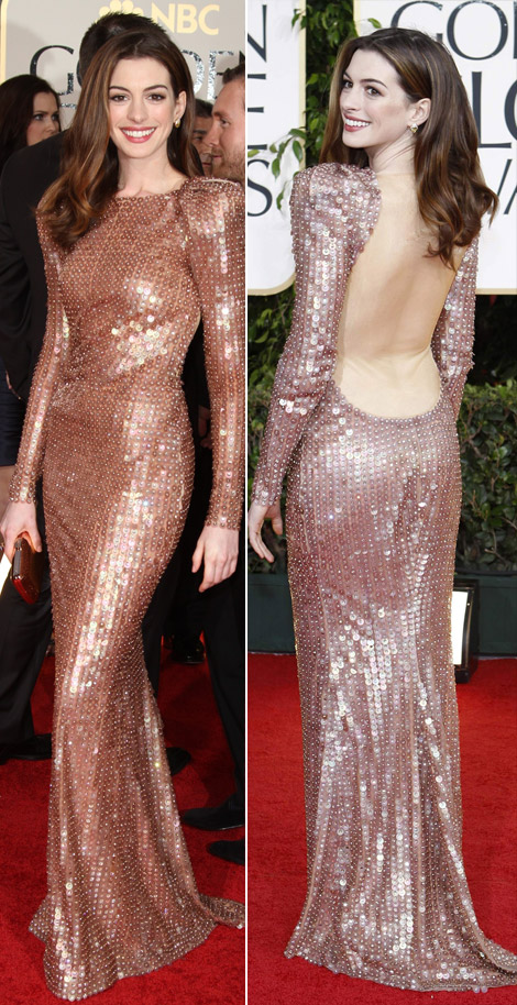 Anne Hathaway’s Sequined Armani Prive Dress For Golden Globes 2011