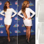 Beyonce white open back dress Super Bowl press conference