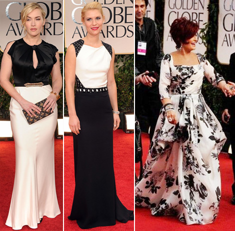 black and white 2012 Golden Globes dresses Kate Winslet Claire Danes Sharon Osbourne