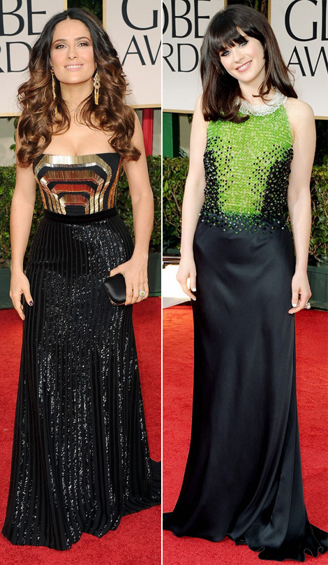 black dresses with embroidered top 2012 Golden Globes Salma Hayek Zooey Deschanel