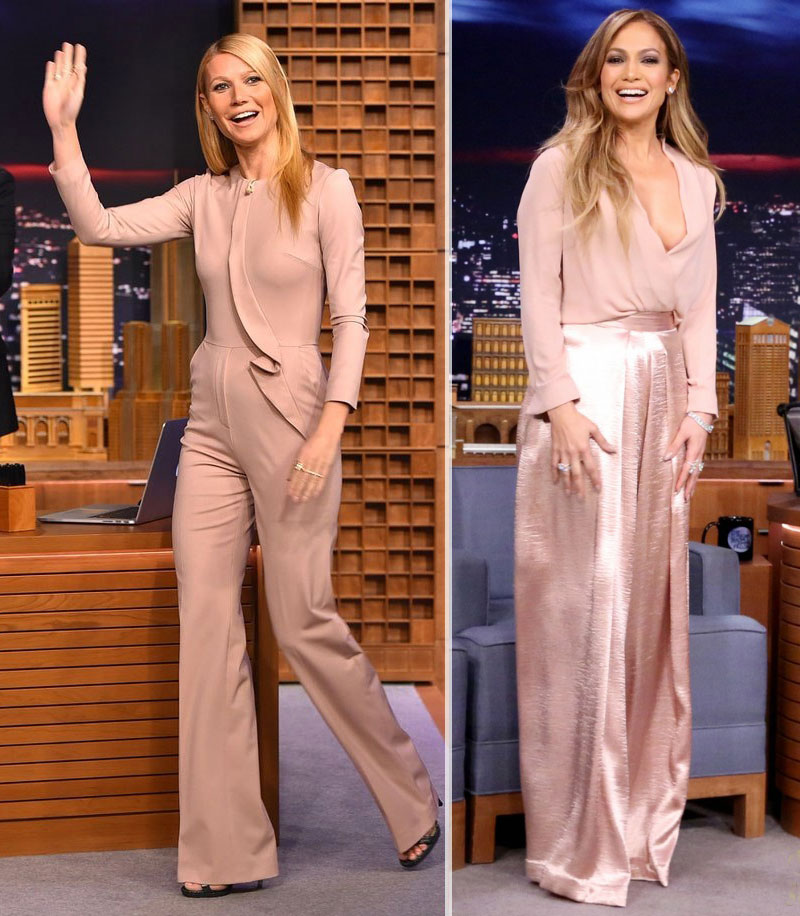 celebrities 2015 fashion essentials blush pink outfits Gwyneth Paltrow JLo