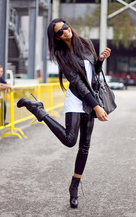 Chanel Iman black sequined leggings