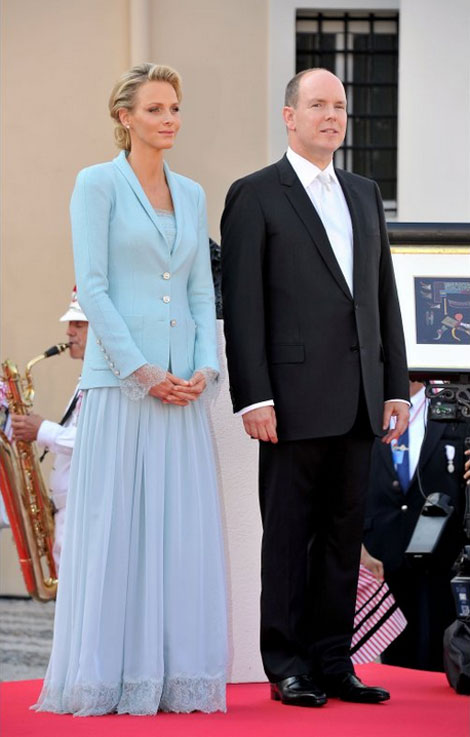 Charlene Wittstock blue suit Albert de Monaco civil wedding ceremony