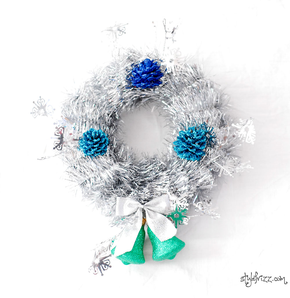 diy silver tinsel glitter pinecones christmas wreath