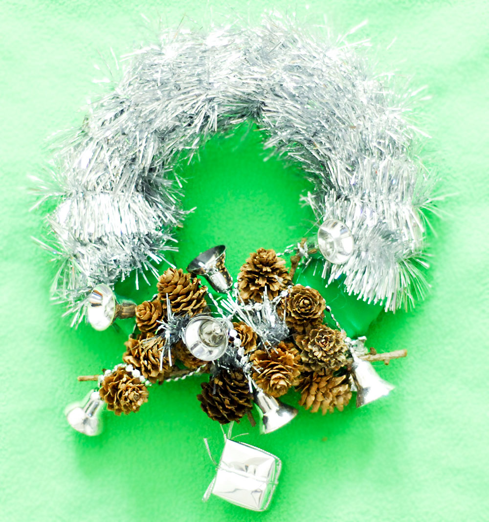 diy silver tinsel pinecones christmas wreath
