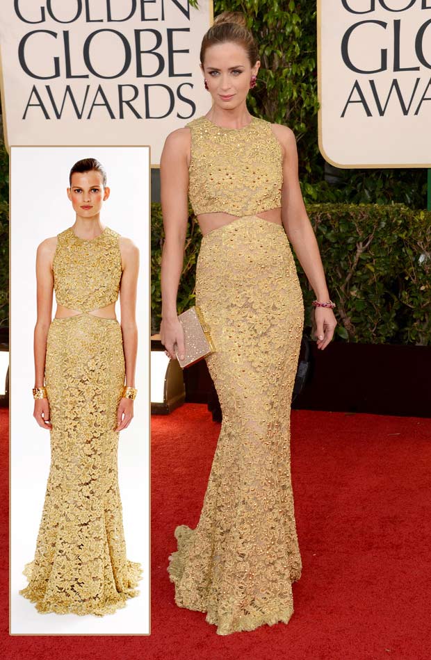 Emily Blunt Michael Kors golden dress 2013 Golden Globes