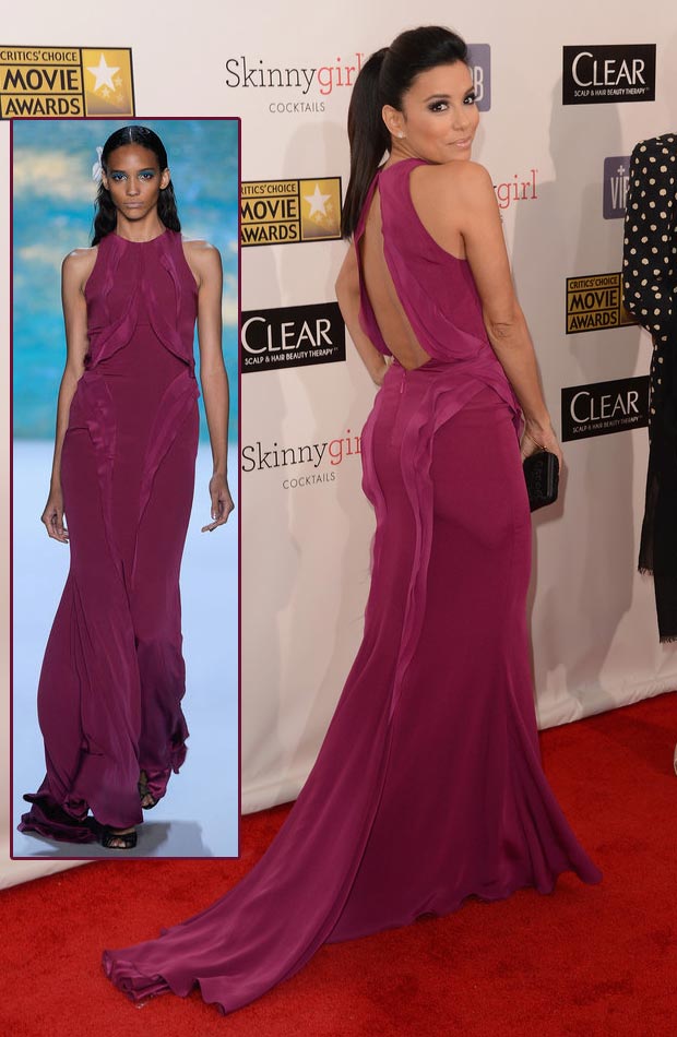 Eva Longoria Monique Lhuillier purple dress Critics Choice Awards 2013